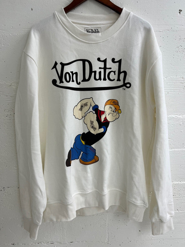 Von Dutch Mens Popeye Logo Cotton Fleece Sweatshirt Off White FM162V