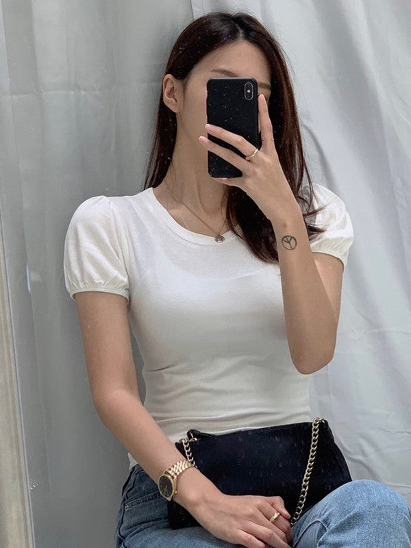 Aplaze Round Neck Short Puff Sleeve Top Off White 72706