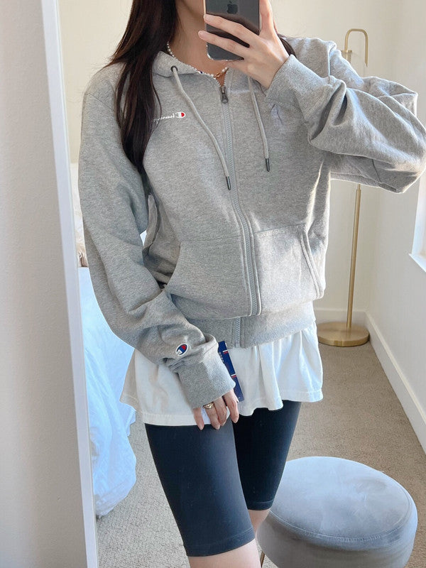 Champion Men's Powerblend Fleece Full Zip Hoodie Script Logo Oxford Gray GF91H Y08160 1IC