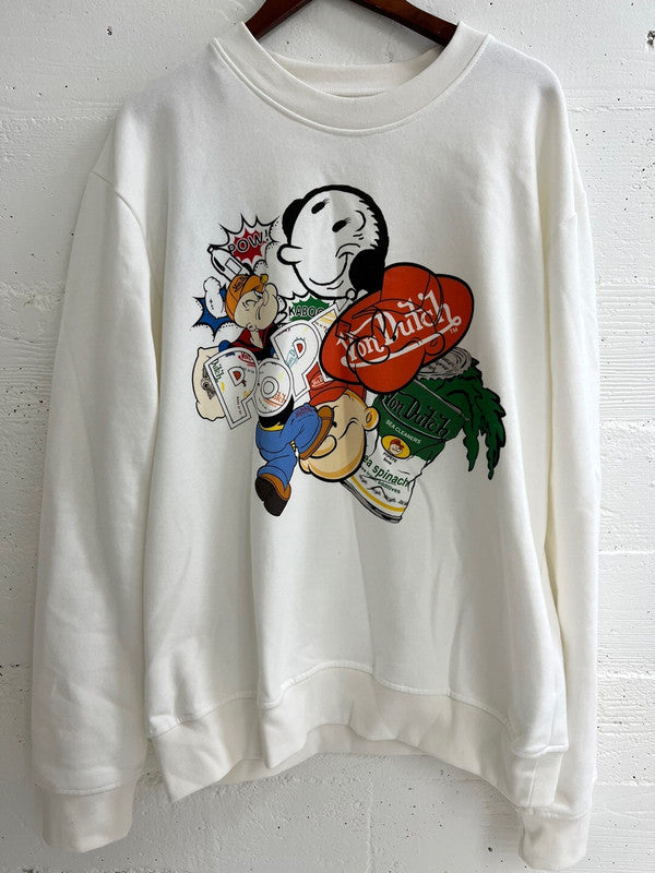 Von Dutch Mens Popeye Character Cotton Fleece Sweatshirt Off White FM166V