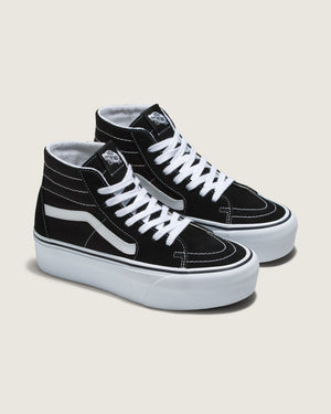 Angled pair of Black/True White Vans Sk8-Hi Tapered Platform high-top sneakers