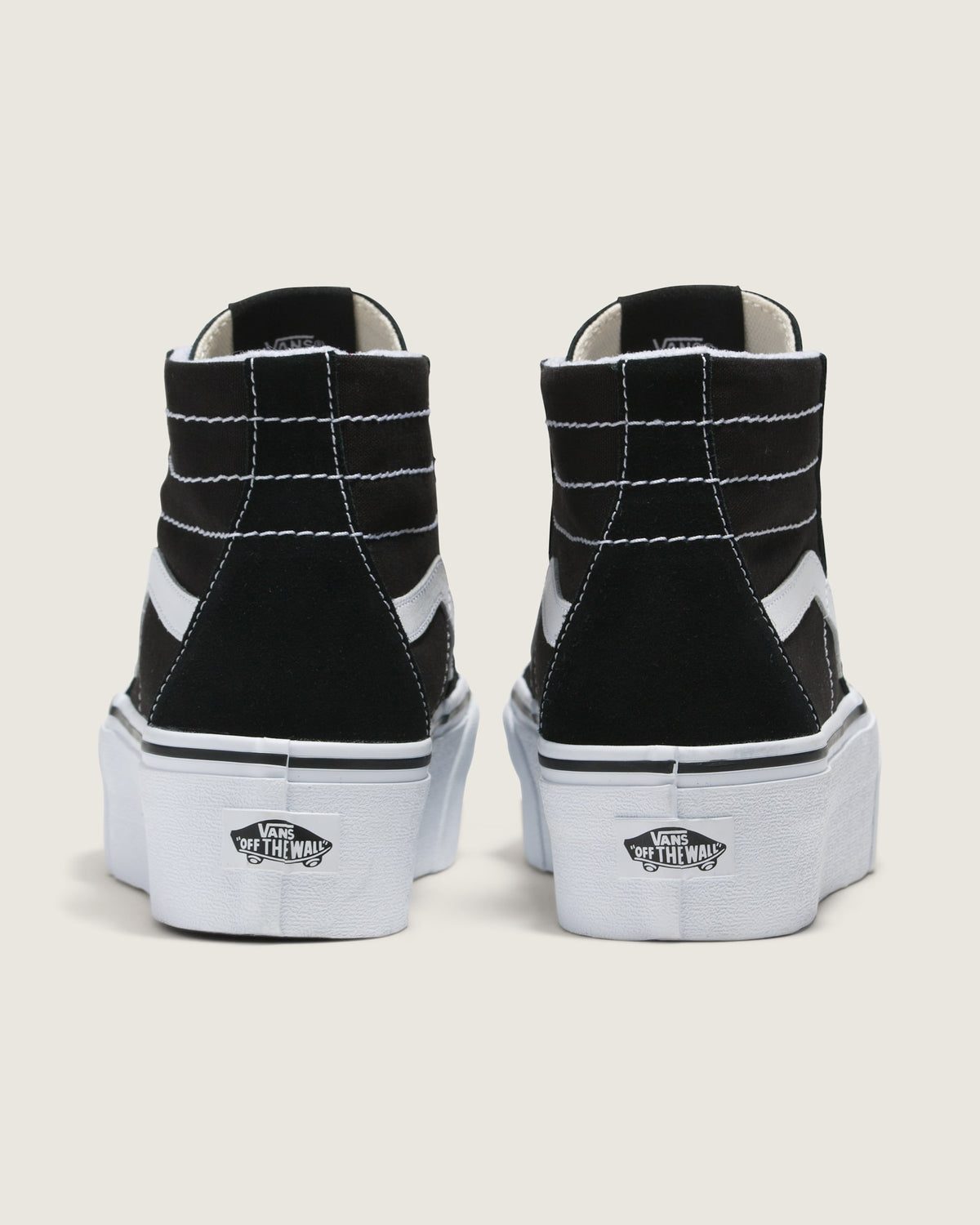 Rear view of Vans Sk8-Hi Tapered Platform Black/True White with heel logos