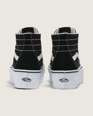 Rear view of Vans Sk8-Hi Tapered Platform Black/True White with heel logos