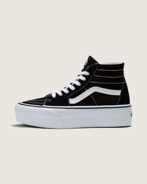 Side view of Vans Sk8-Hi Tapered Platform sneakers in Black/True White