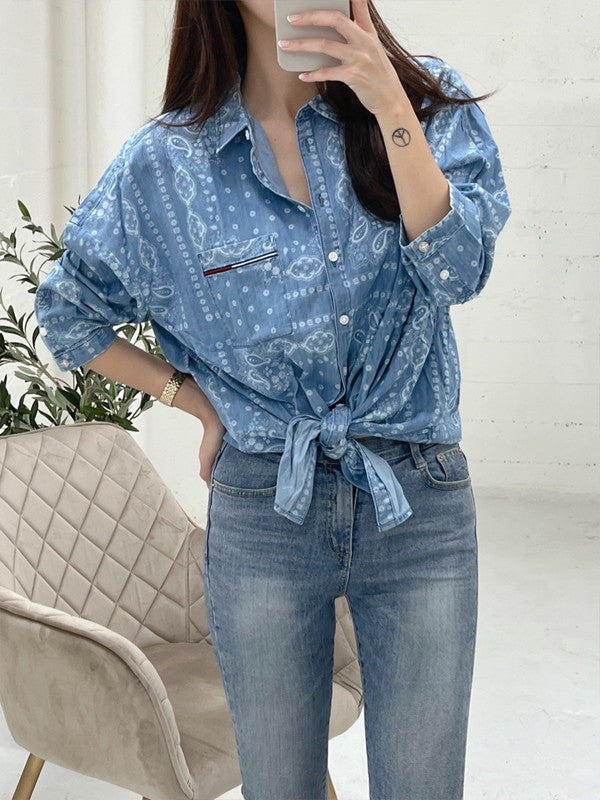 Tommy Hilfiger Women's Oversized Bandana Print Button-Down Chambray Shirt Light Benson T2CMPBZH ZN3 T8