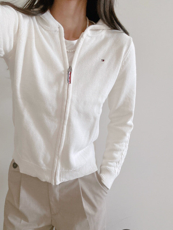 Tommy Hilfiger Girl's Cable Line Zip Up Cardigan Egret TGFGF00S 102 T5