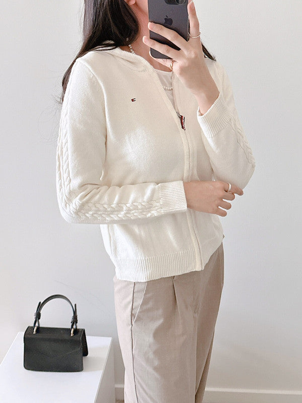 Tommy Hilfiger Girl's Cable Line Zip Up Cardigan Egret TGFGF00S 102 T5