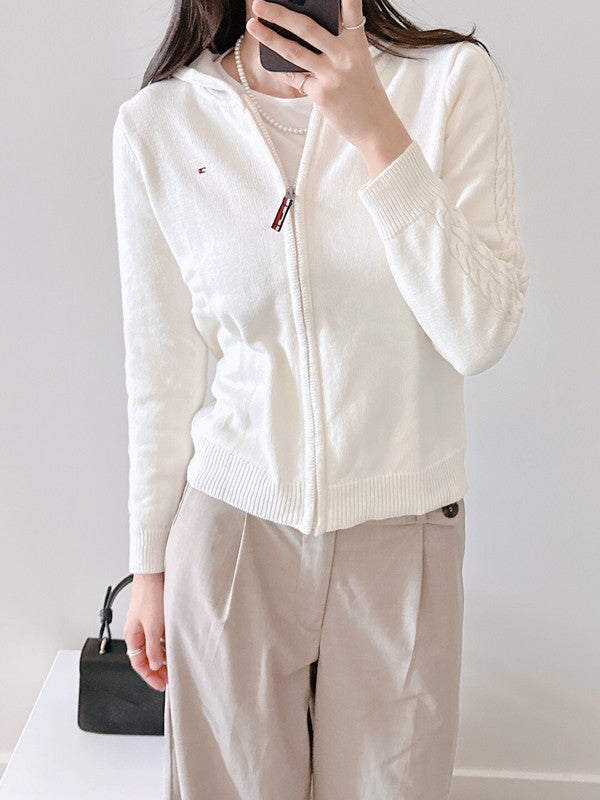 Tommy Hilfiger Girl's Cable Line Zip Up Cardigan Egret TGFGF00S 102 T5