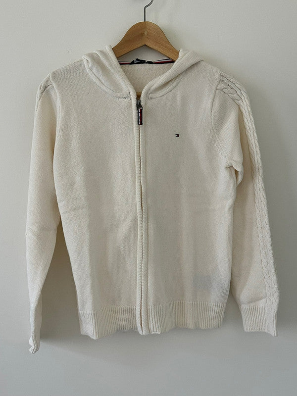 Tommy Hilfiger Girl's Cable Line Zip Up Cardigan Egret TGFGF00S 102 T5