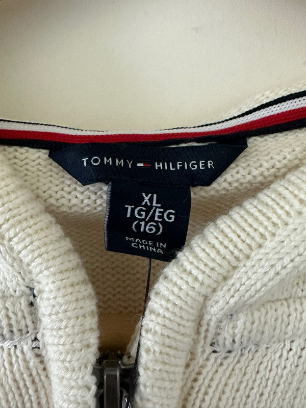 Tommy Hilfiger Girl's Cable Line Zip Up Cardigan Egret TGFGF00S 102 T5