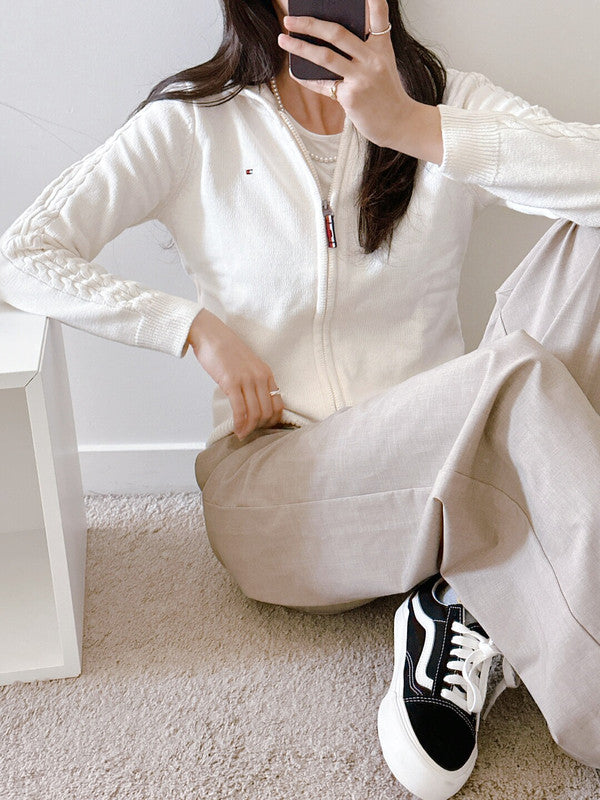 Tommy Hilfiger Girl's Cable Line Zip Up Cardigan Egret TGFGF00S 102 T5