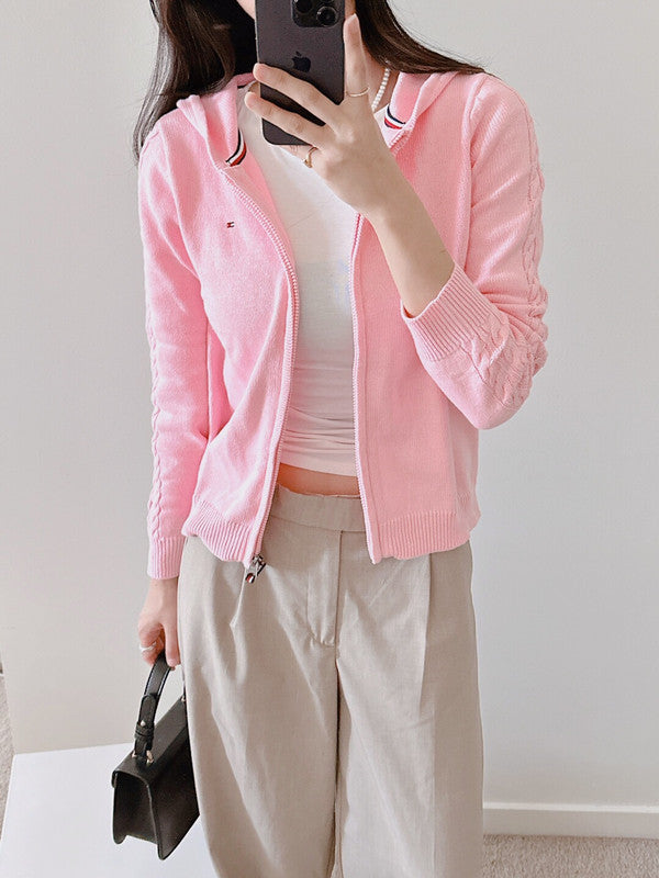 Tommy Hilfiger Girl's Cable Line Zip Up Cardigan Rose Shadow TGFGF00S 669 T5