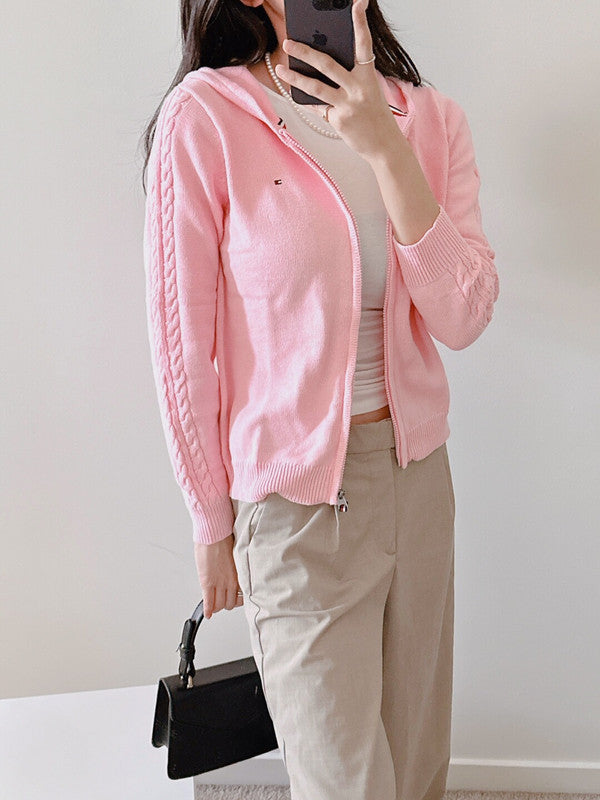 Tommy Hilfiger Girl's Cable Line Zip Up Cardigan Rose Shadow TGFGF00S 669 T5