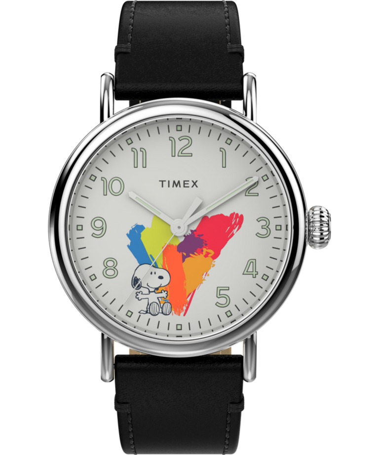 Timex Standard x Peanuts Dream in Color 40mm Leather Strap Watch Black/Silver-Tone/White TW2V60900VQ