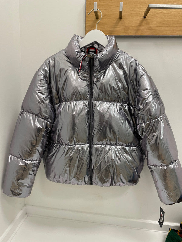 Tommy Hilfiger Women's Glossy Foil Short Padding Jacket Silver TWOMP451 SIL T6