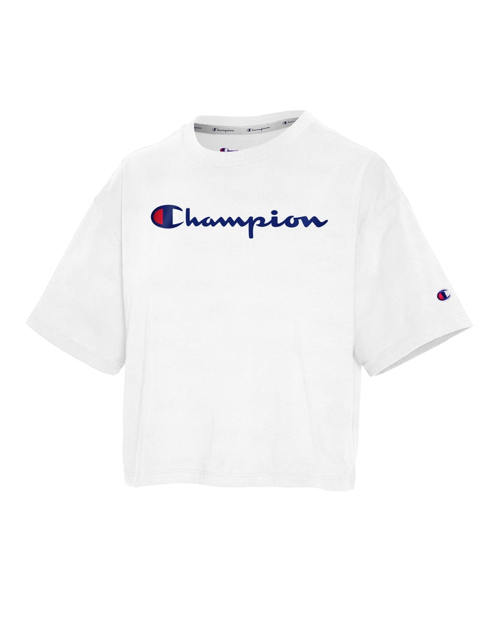 Champion Womens Cropped T-Shirt, Script Logo White W5950G 550757 100