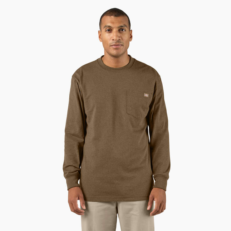 Dickies Mens Heavyweight Heathered Long Sleeve Pocket T-Shirt Brown Duck/Black Heather WL450HK49