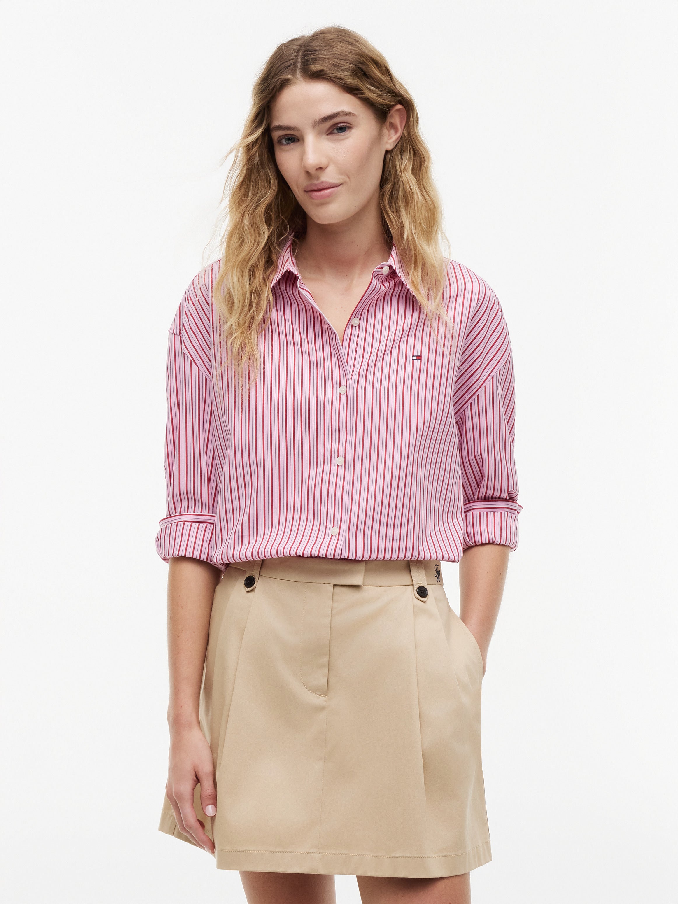 Tommy Hilfiger Women's Summer Poplin Long Sleeve Boxy Shirt Pink Multi Stripe WW49940 0D7 971