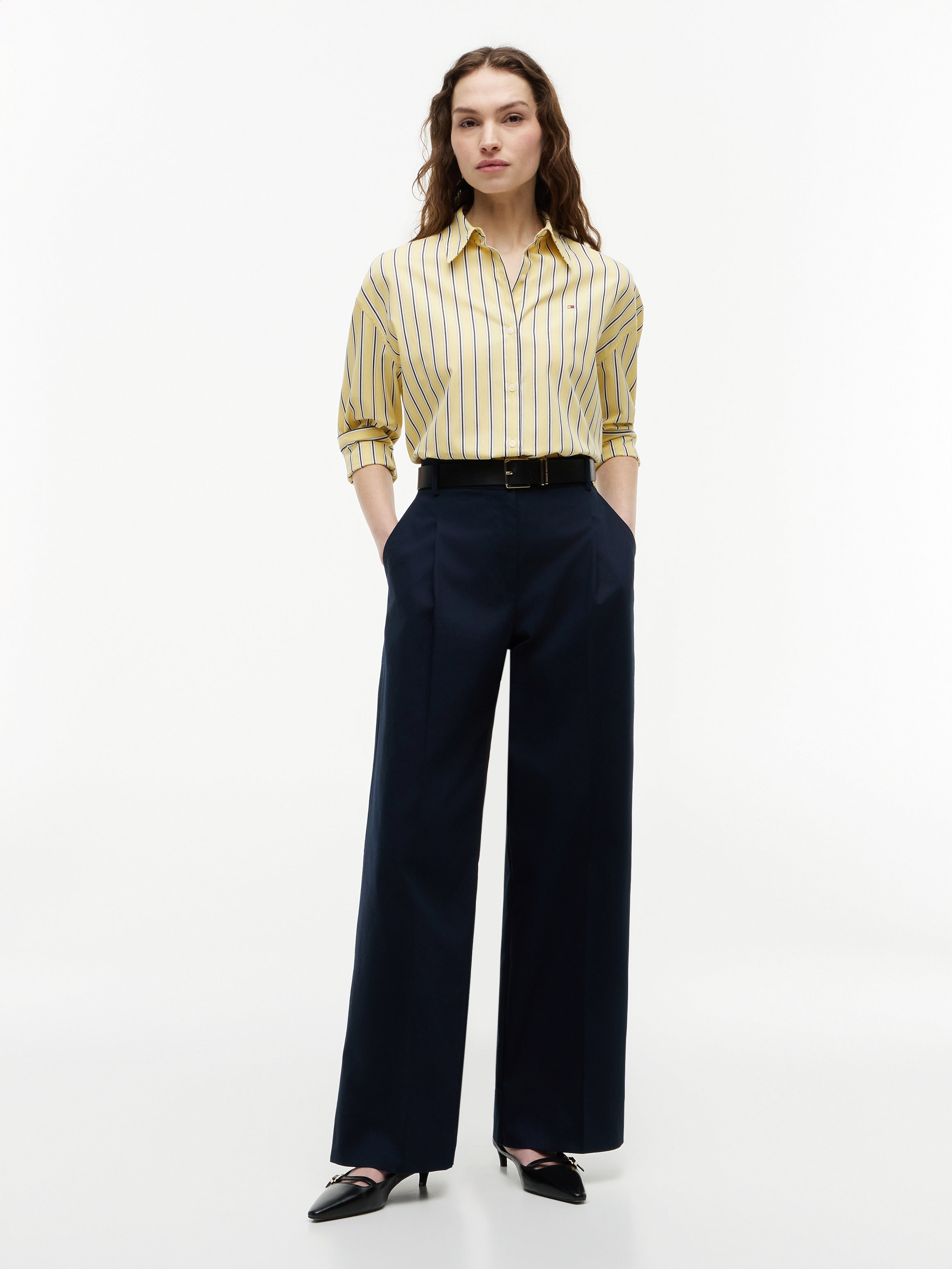 Tommy Hilfiger Women's Summer Poplin Long Sleeve Boxy Shirt Liquorice Stripe Citronella WW49940 0FR 970
