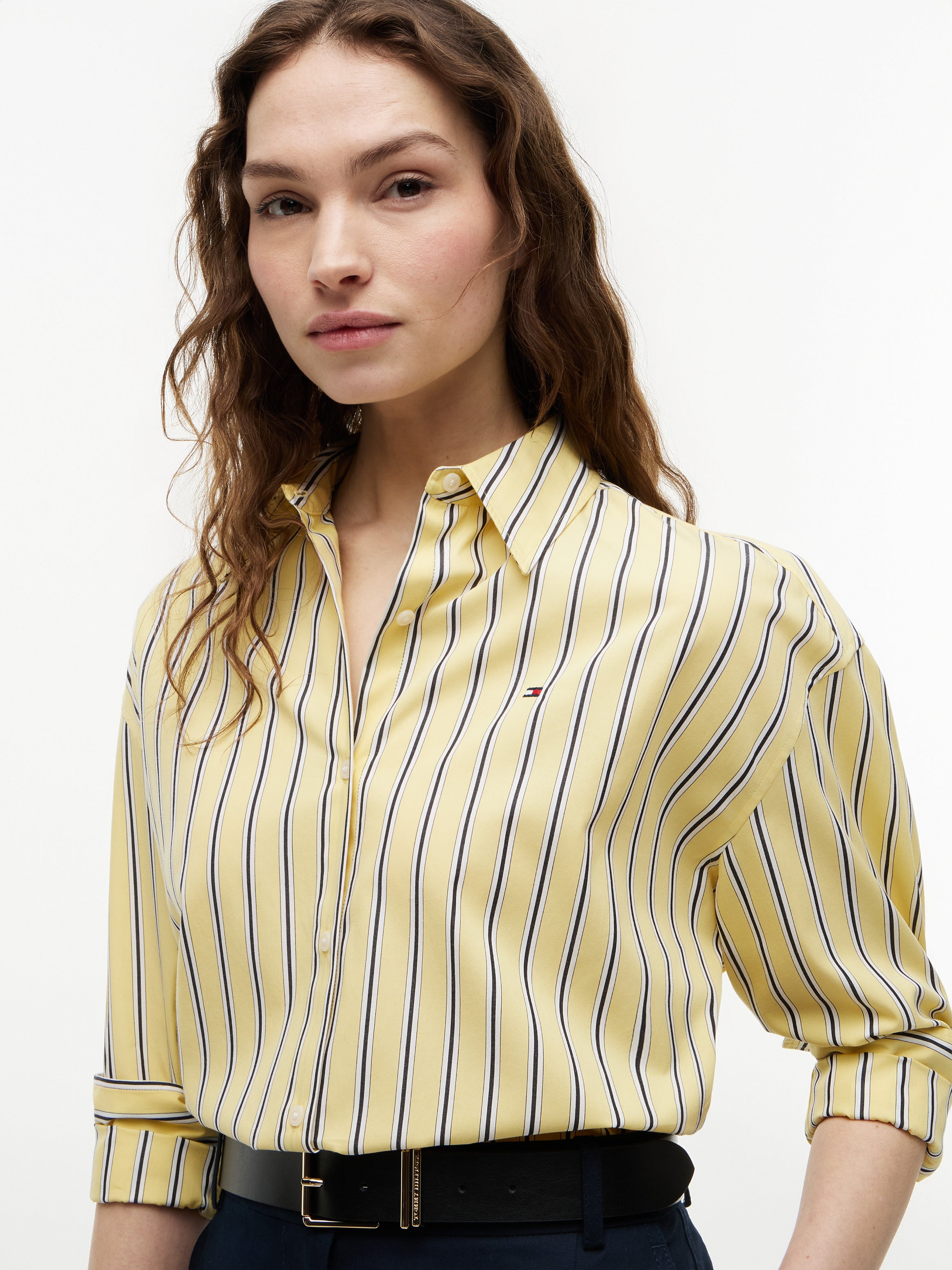 Tommy Hilfiger Women's Summer Poplin Long Sleeve Boxy Shirt Liquorice Stripe Citronella WW49940 0FR 970