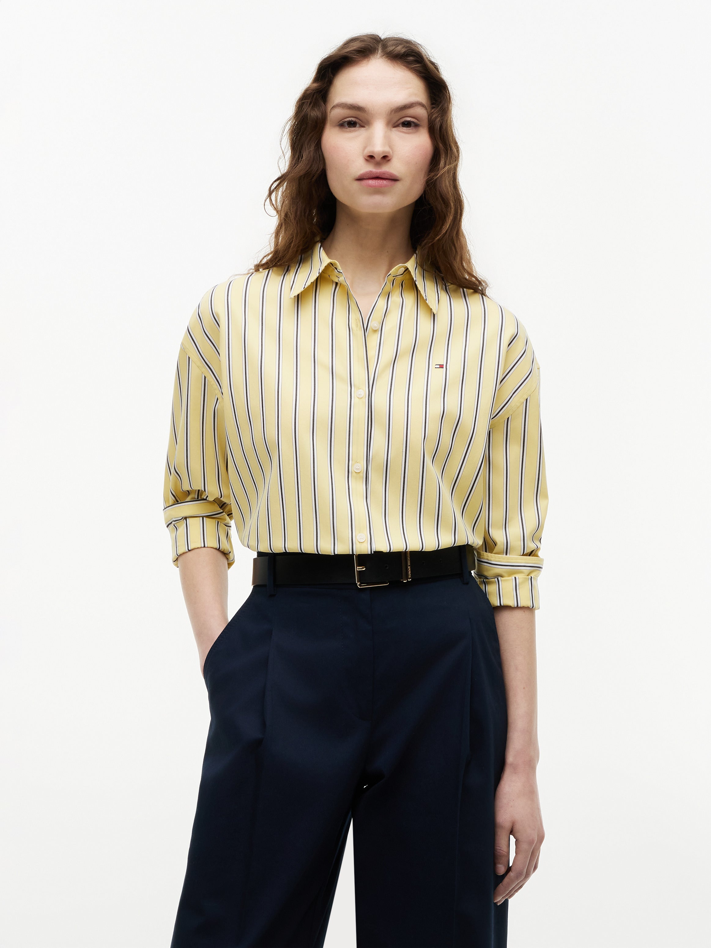 Tommy Hilfiger Women's Summer Poplin Long Sleeve Boxy Shirt Liquorice Stripe Citronella WW49940 0FR 970