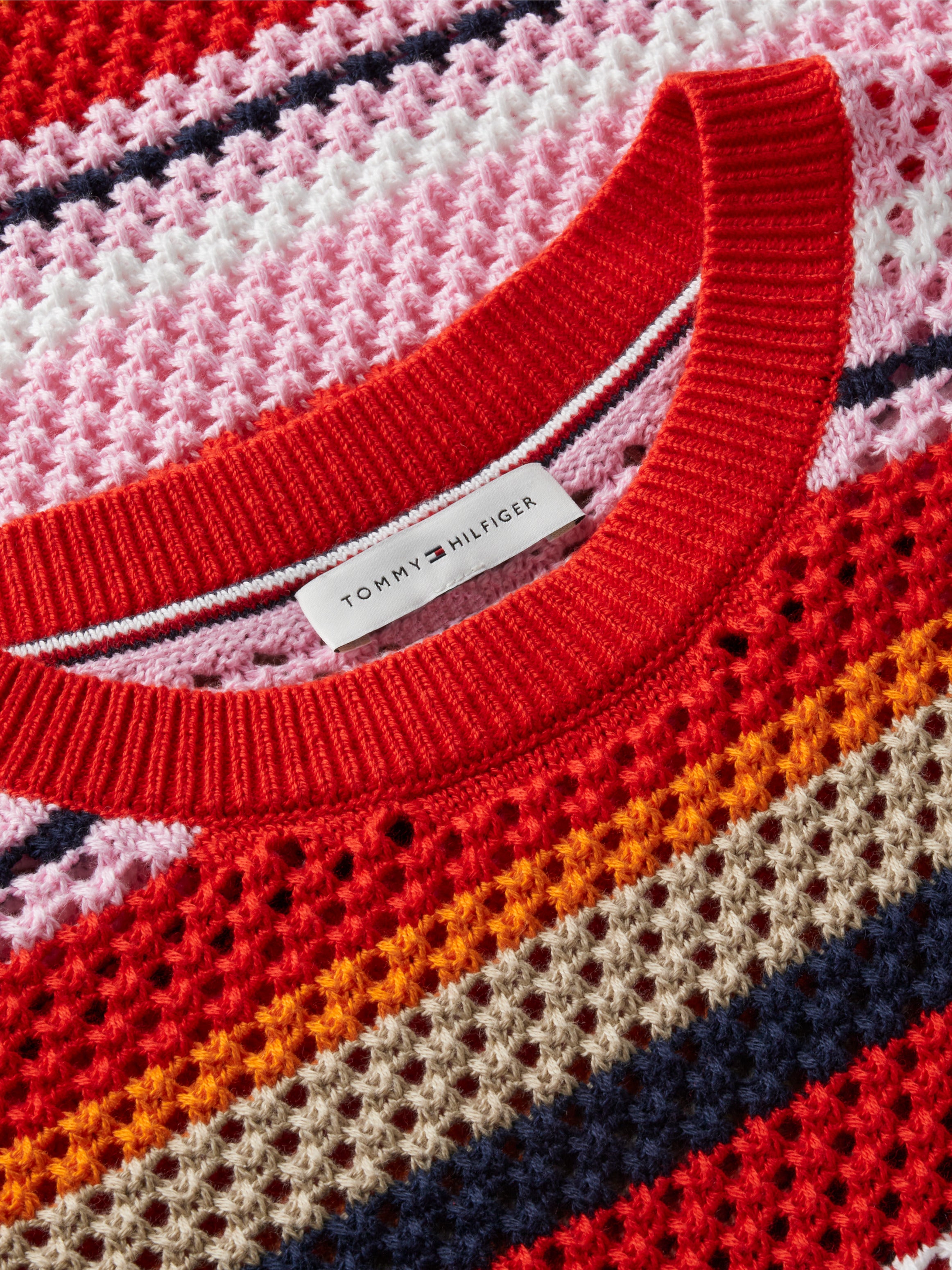Tommy Hilfiger Women's Summer Crochet Midi Sleeveless Crew Neck Dress Multicolor Stripe Fierce Red WW50174 0EW 971