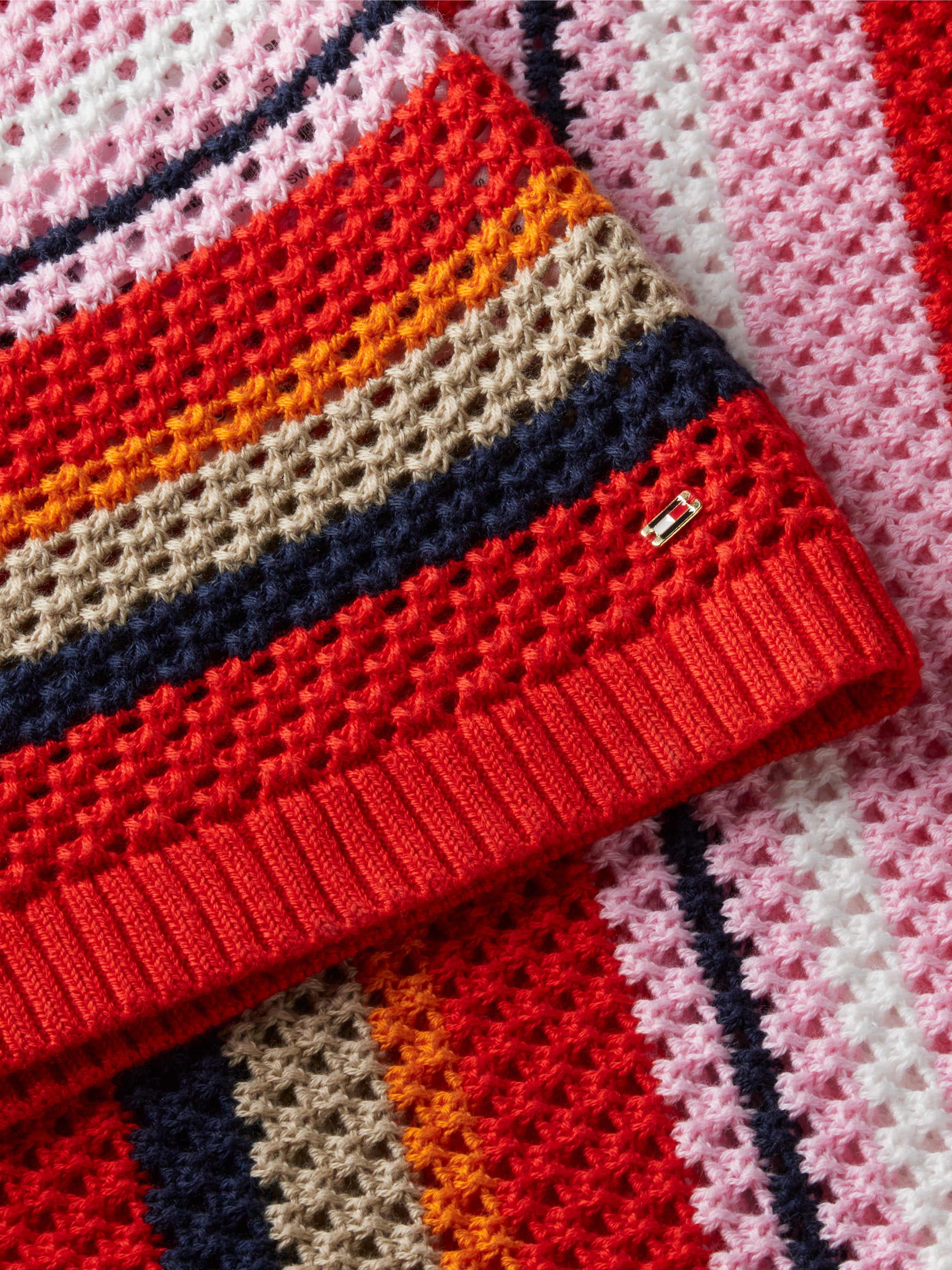 Tommy Hilfiger Women's Summer Crochet Midi Sleeveless Crew Neck Dress Multicolor Stripe Fierce Red WW50174 0EW 971