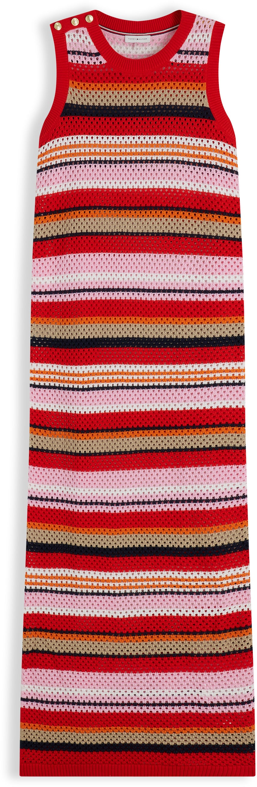 Tommy Hilfiger Women's Summer Crochet Midi Sleeveless Crew Neck Dress Multicolor Stripe Fierce Red WW50174 0EW 971