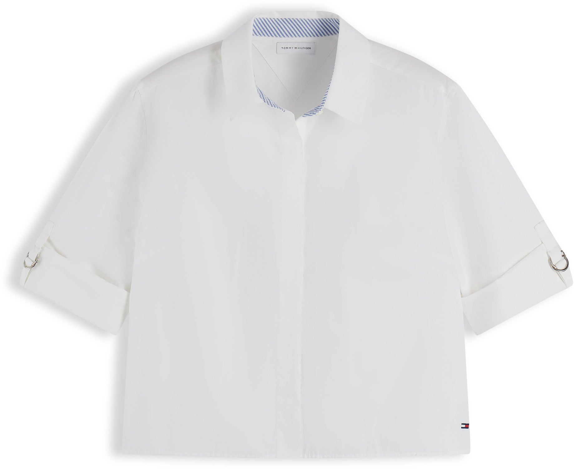Tommy Hilfiger Women's Poplin Cropped Roll-Tab Shirt Ecru WW50192 YBL 100