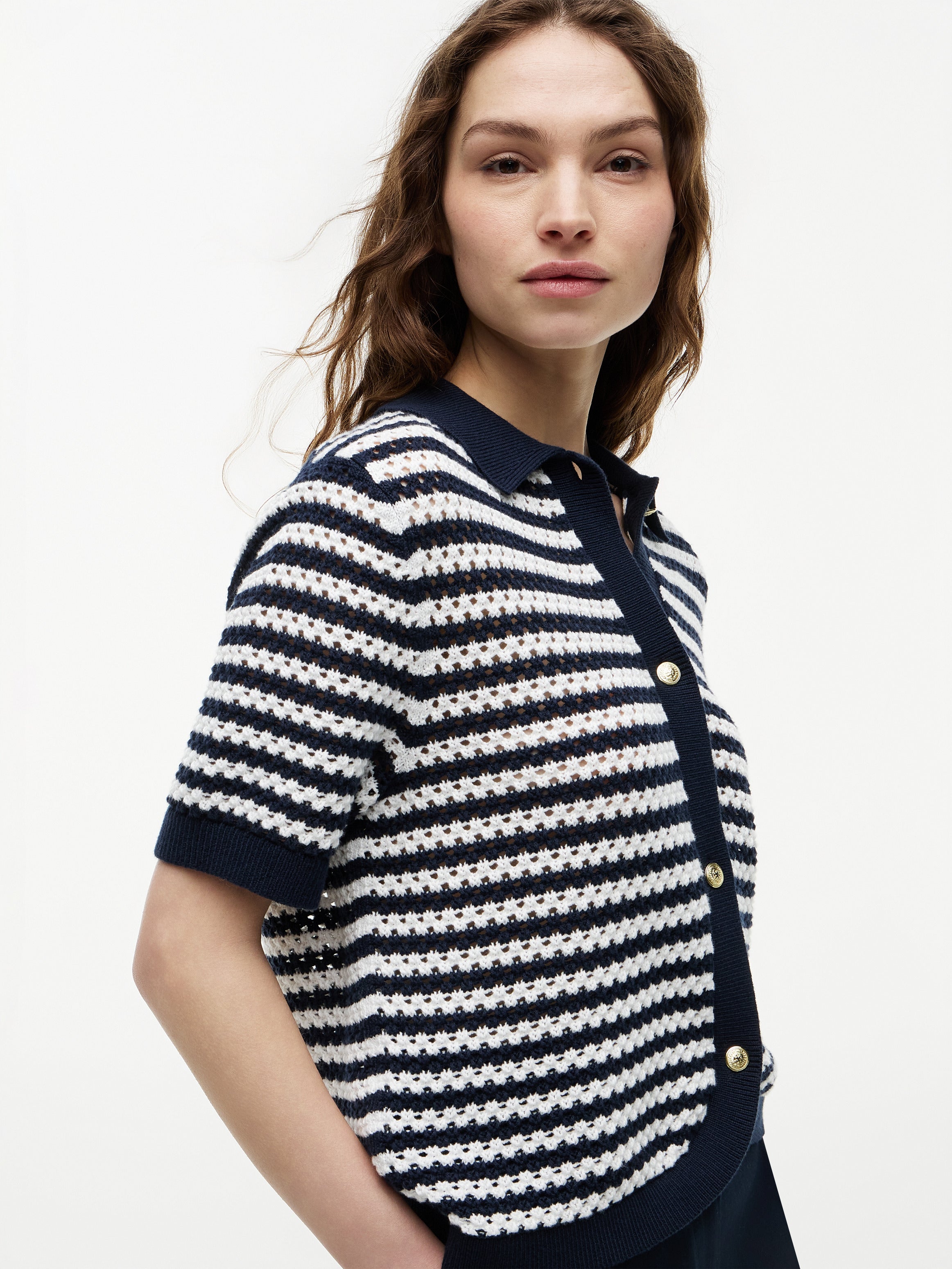 Tommy Hilfiger Women's Summer Crochet Short Sleeve Cardigan Dark Night Navy / Ecru WW50217 0HC 970