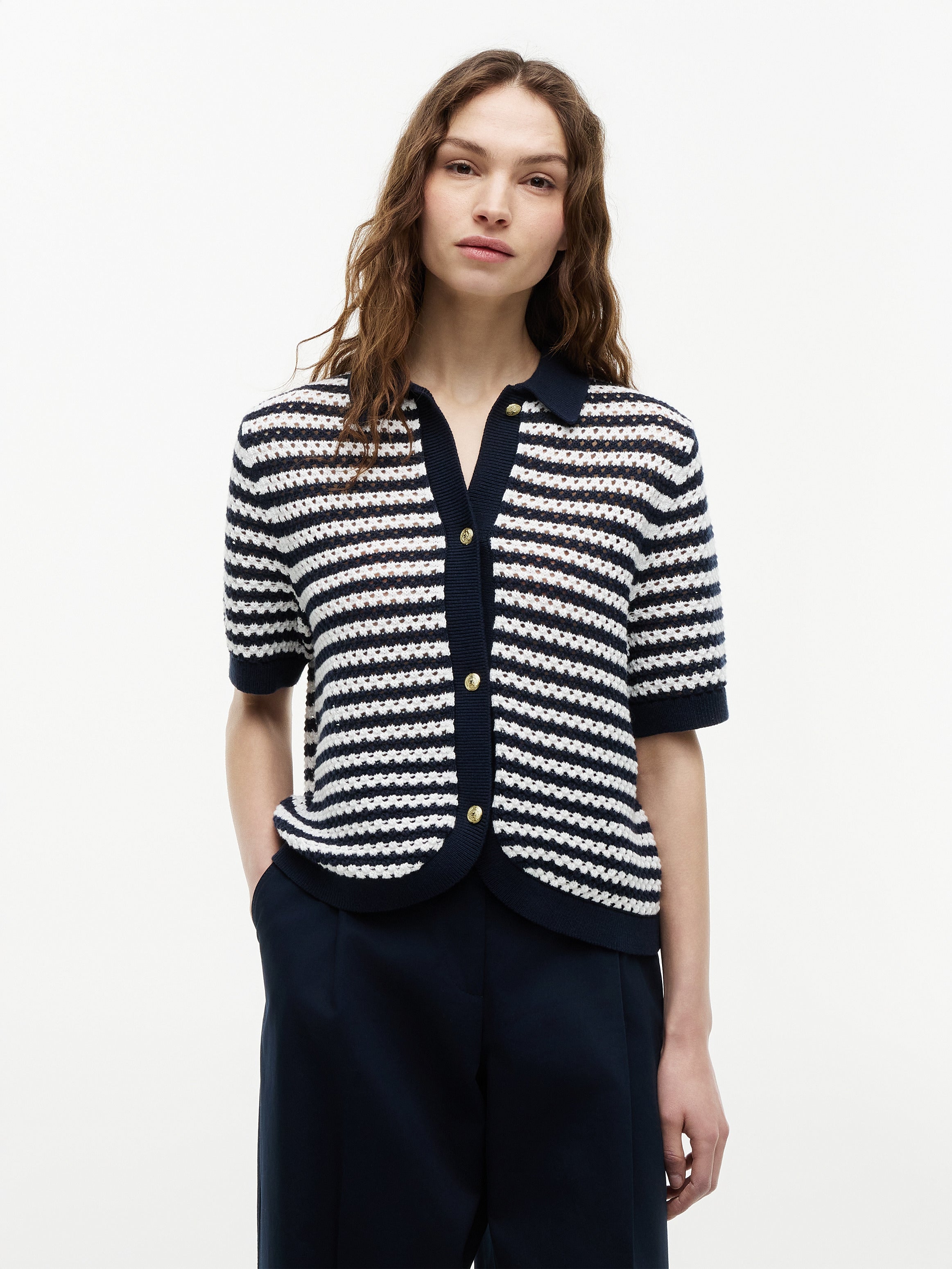 Tommy Hilfiger Women's Summer Crochet Short Sleeve Cardigan Dark Night Navy / Ecru WW50217 0HC 970