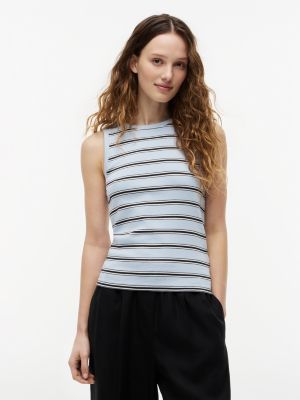 Tommy Hilfiger Womens Slim Fit Multistripe Tank Top Breeze Blue Black Stripe WW50025-0AP