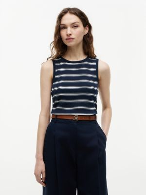Tommy Hilfiger Womens Slim Fit Multistripe Tank Top Navy Blue Ecru Stripe WW50025-0FE