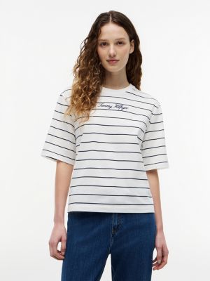 Tommy Hilfiger Womens Relaxed Fit Embroidered Script T-Shirt Navy Blue Ivory Stripe WW50948-0A4