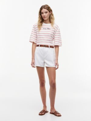 Tommy Hilfiger Womens Relaxed Fit Embroidered Script T-Shirt Fire Red Stripe WW50948-0E1