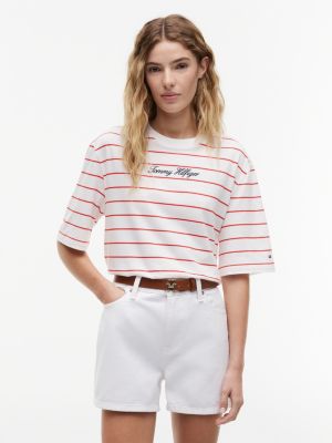 Tommy Hilfiger Womens Relaxed Fit Embroidered Script T-Shirt Fire Red Stripe WW50948-0E1