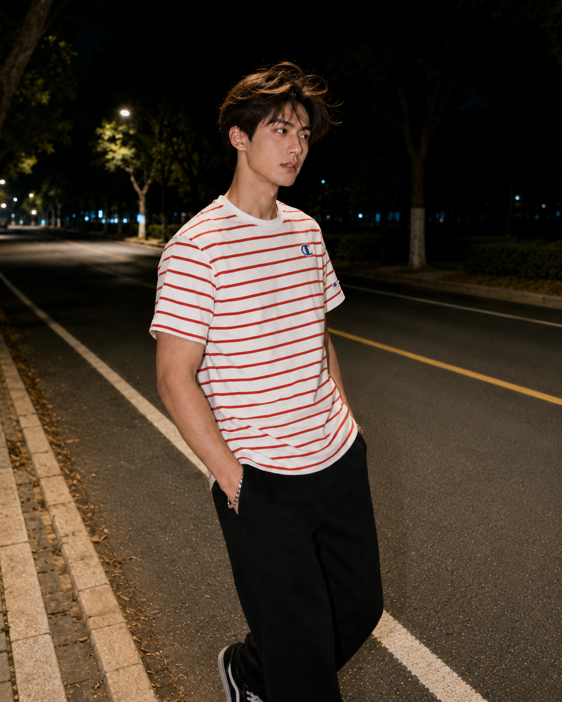 Champion Classic Slub Stripe T-shirt Chalk White/Solar Crimson T74695 407D55 AAPP