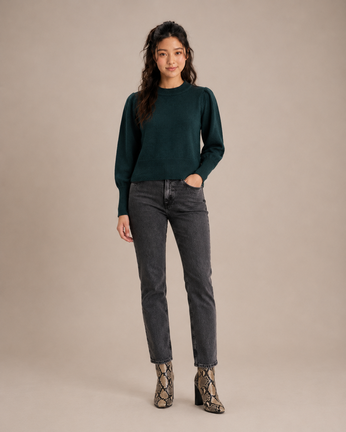 French Connection Cropped Balloon Sleeve Plain Jumper Knit 30 Byron Green 78PXB