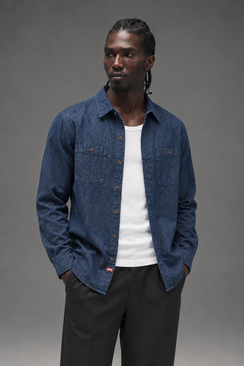 BRIXTON Blake Long Sleeve Woven Shirt Indigo 1048 AI model photo