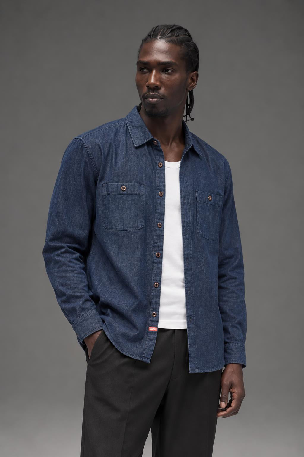 BRIXTON Blake Long Sleeve Woven Shirt Indigo 1048 AI model photo