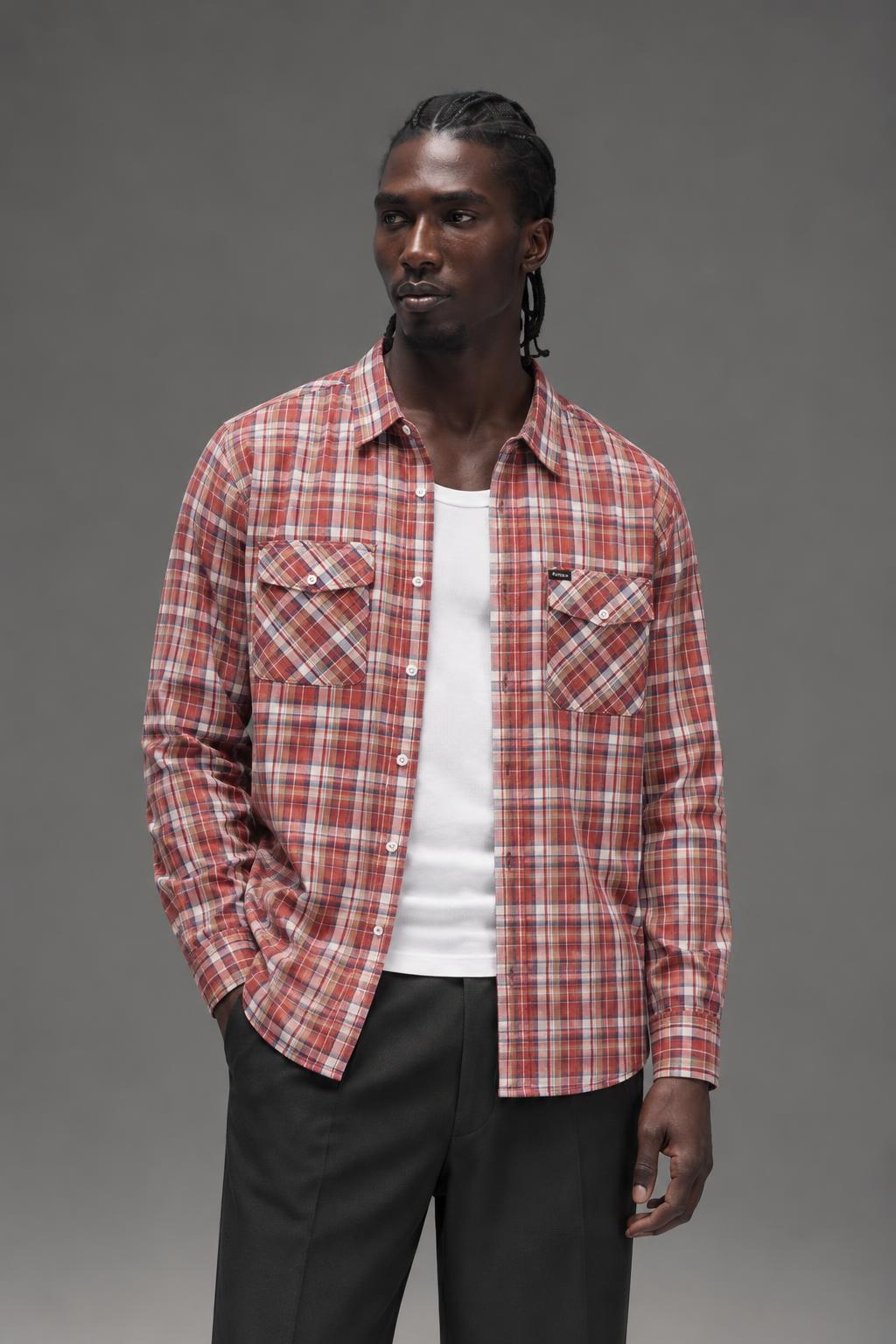 BRIXTON Memphis Long Sleeve Woven Shirt Rust Plaid 1007 AI model photo