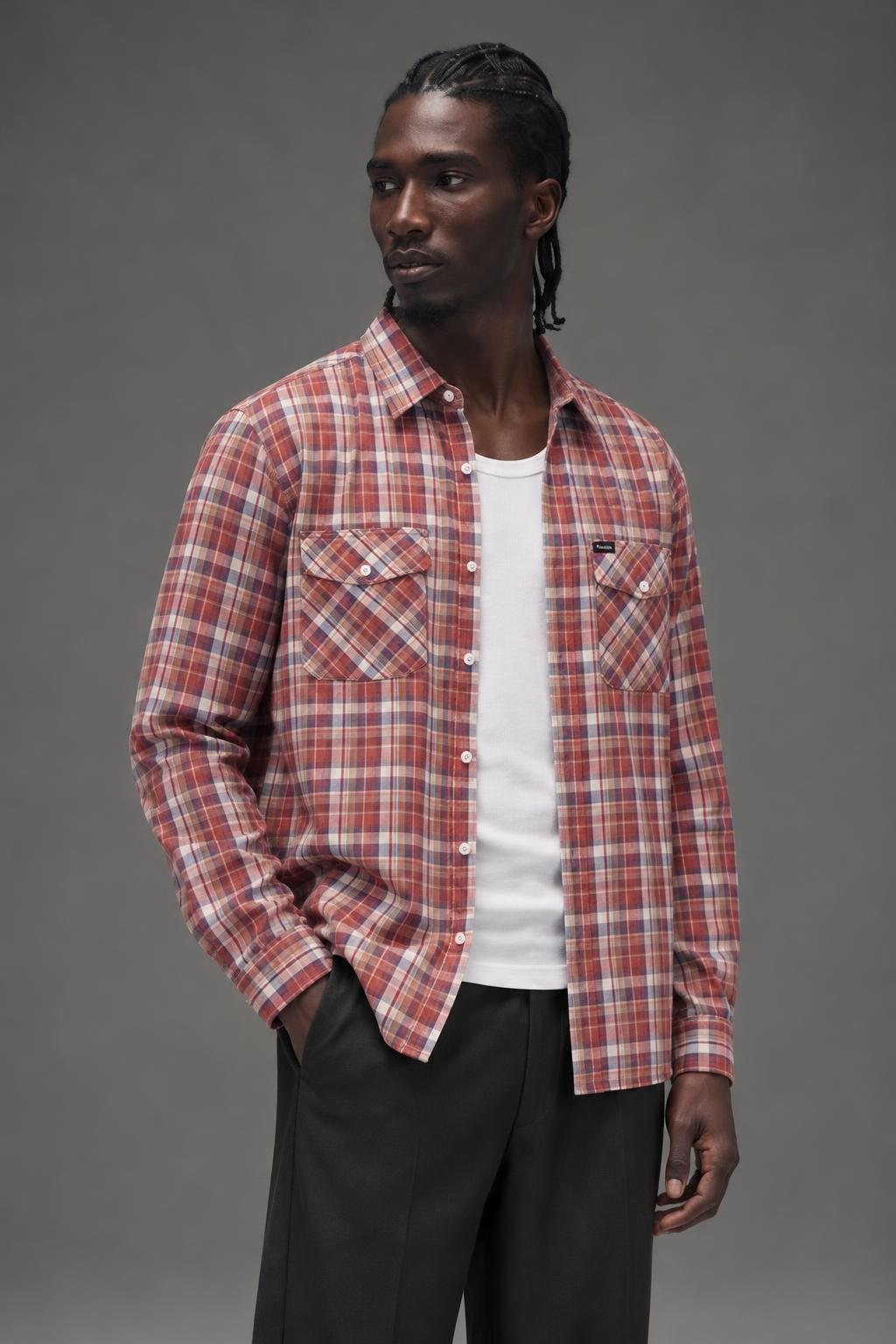 BRIXTON Memphis Long Sleeve Woven Shirt Rust Plaid 1007 AI model photo