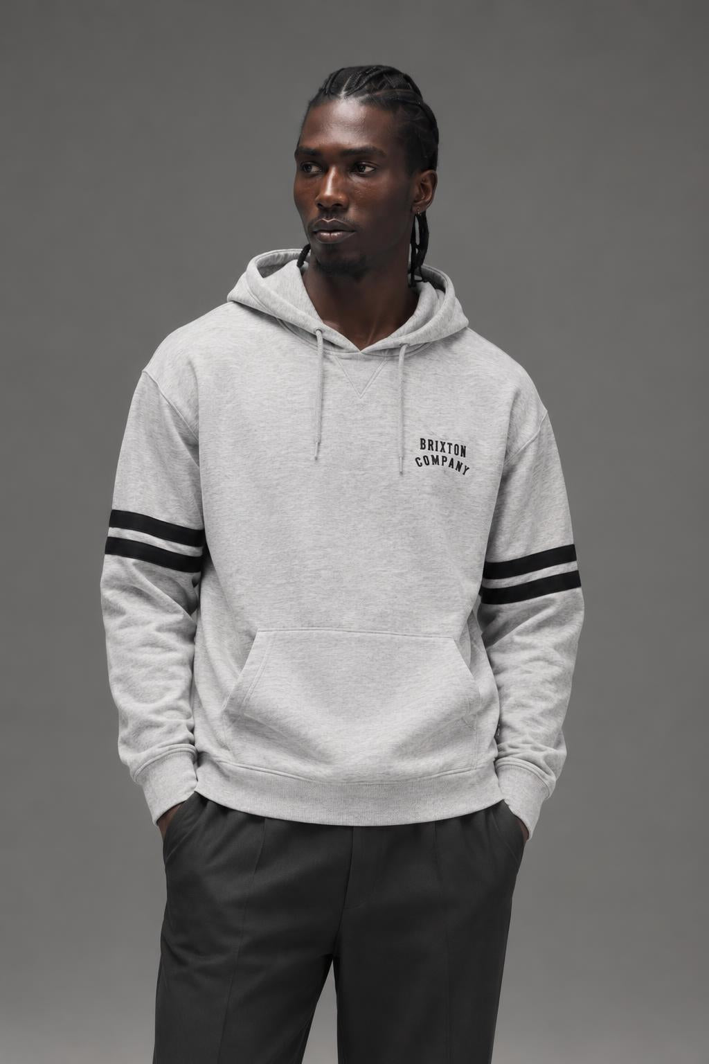 BRIXTON Woodburn Long Sleeve Hood Knit Heather Stone 2219 AI model photo