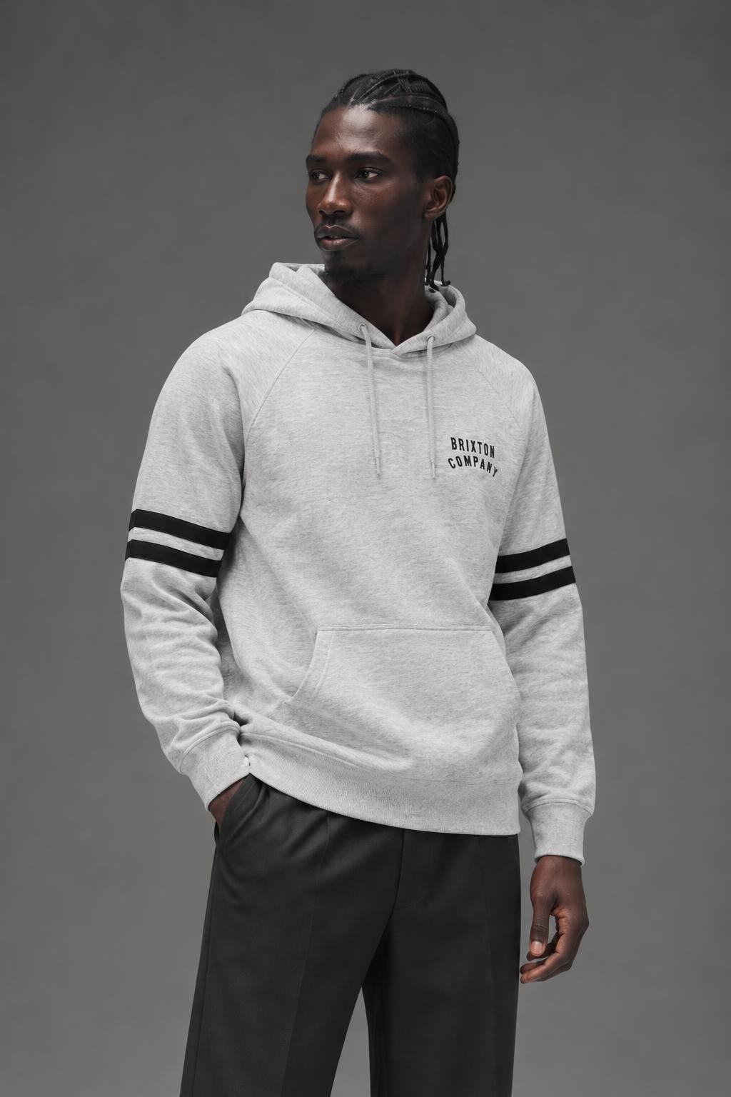 BRIXTON Woodburn Long Sleeve Hood Knit Heather Stone 2219 AI model photo