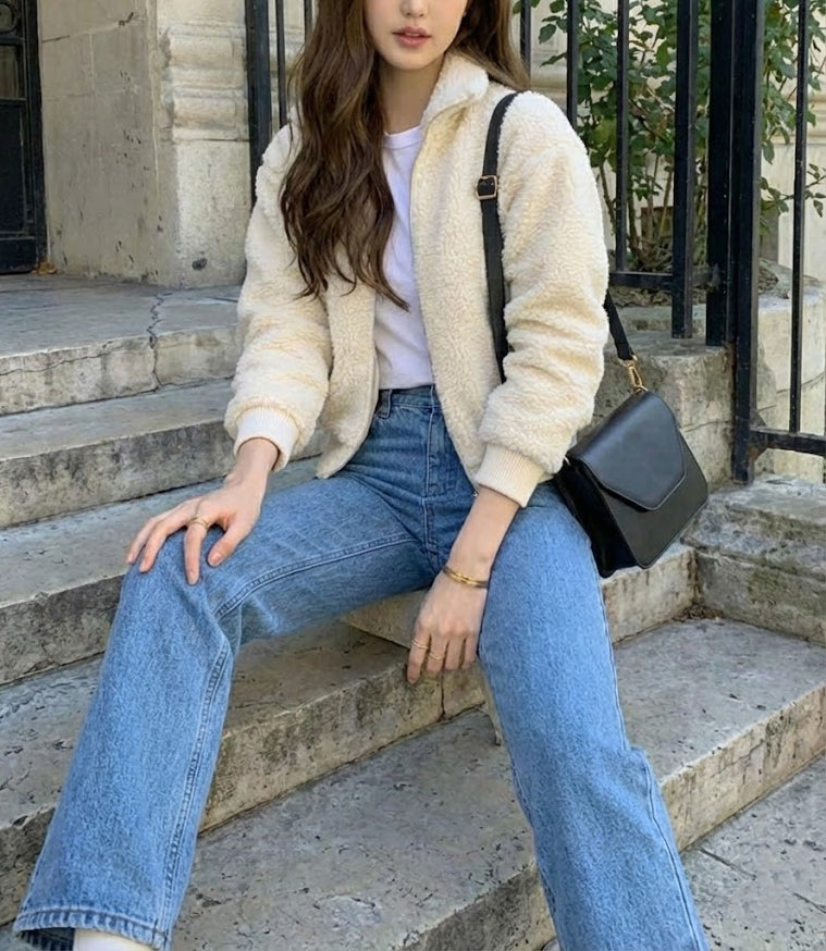 Aplaze Sherpa Mock Neck Zip-up Bomber Jacket Ivory 71885