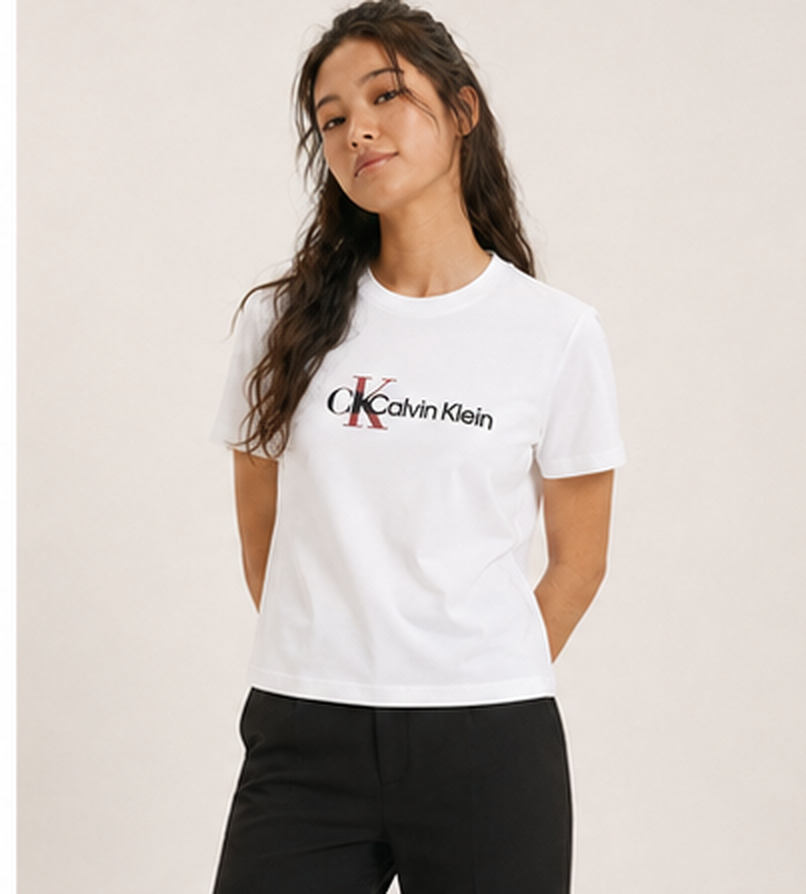 Calvin Klein Women's CK Overlap Logo Classic Fit T Shirt Brilliant White 4R8004S 110