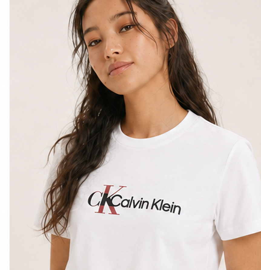 Calvin Klein Women's CK Overlap Logo Classic Fit T Shirt Brilliant White 4R8004S 110
