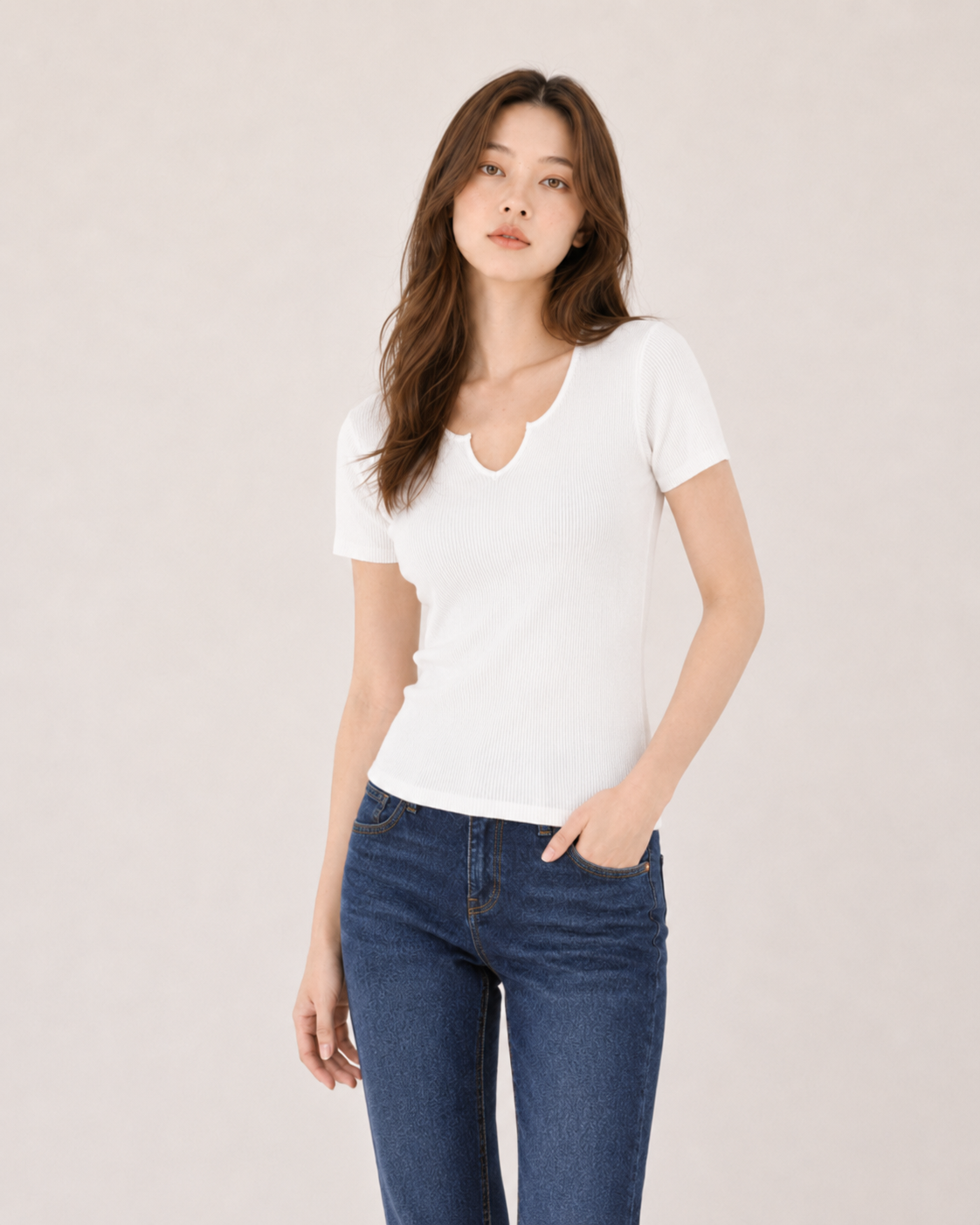 Aplaze Ribbed Notch Neck Short Sleeve Top White 71603