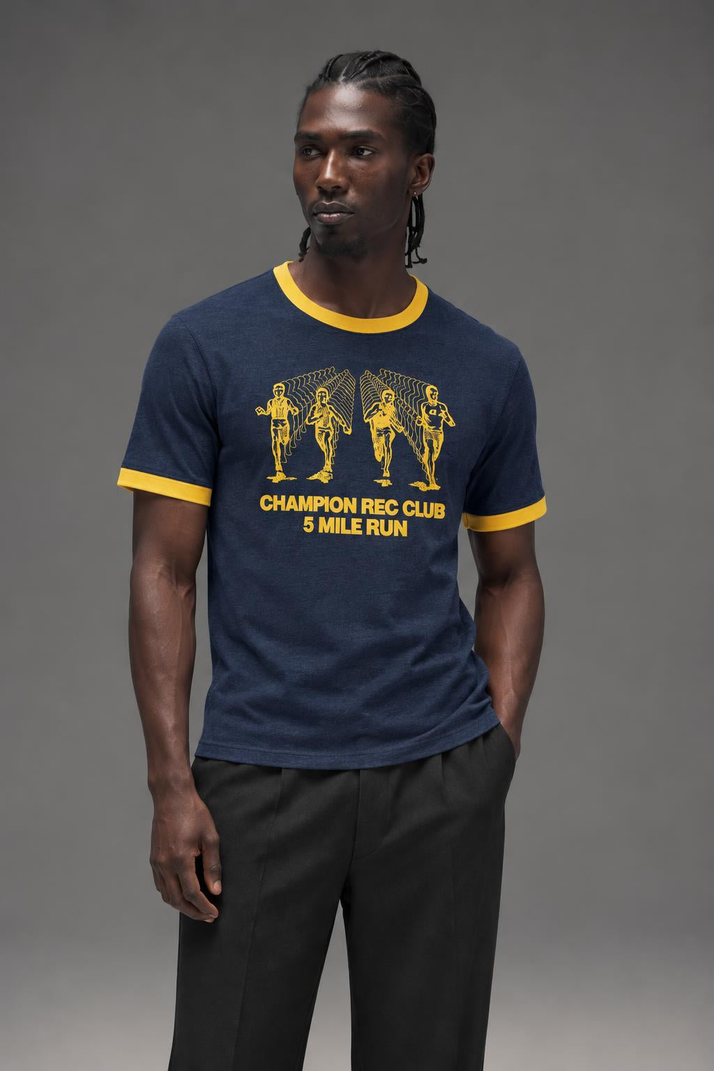 Champion Classic Ringer Graphic T-Shirt, Rec Club Run Navy Heather GT20H 586QEB WDP AI model photo