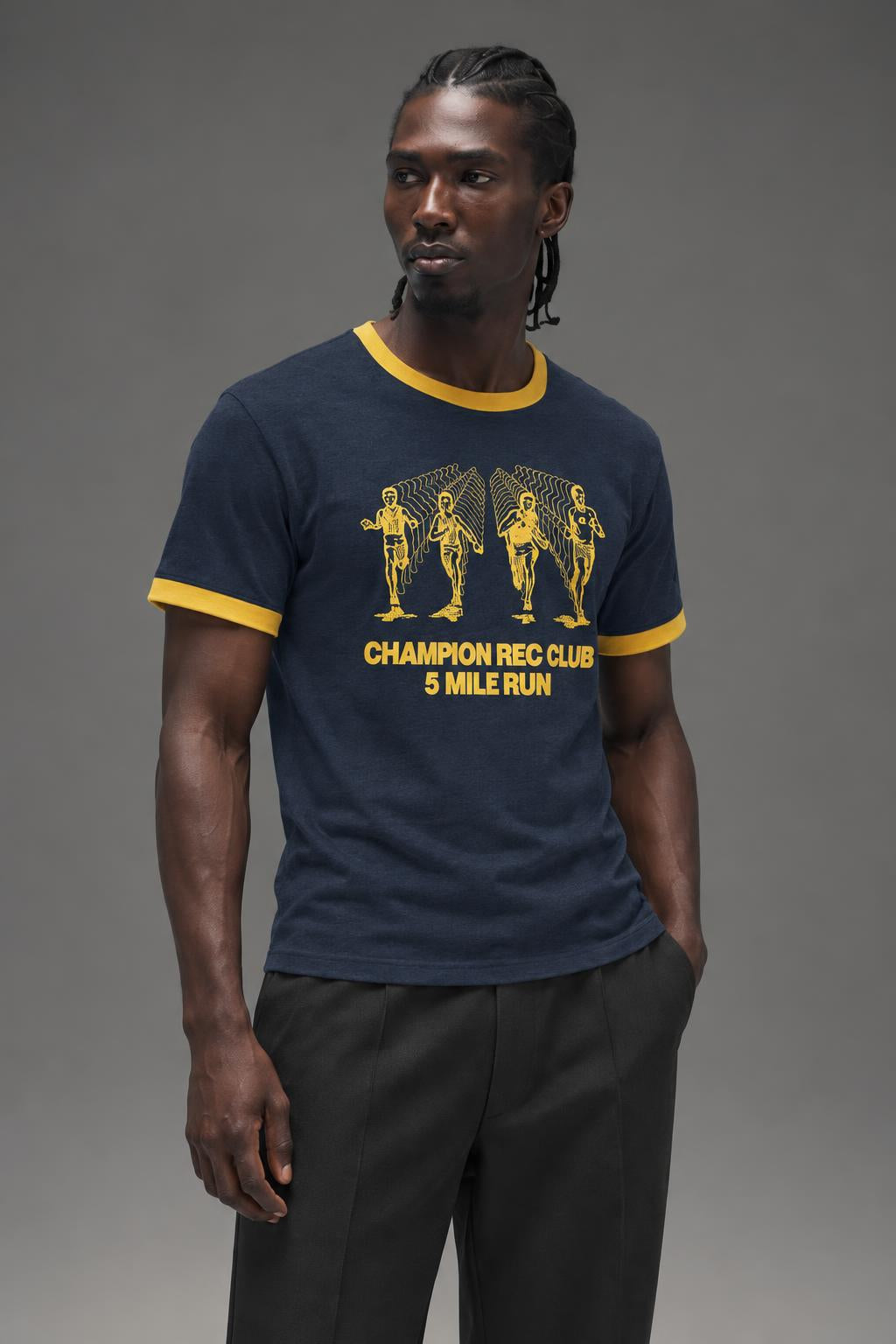 Champion Classic Ringer Graphic T-Shirt, Rec Club Run Navy Heather GT20H 586QEB WDP AI model photo